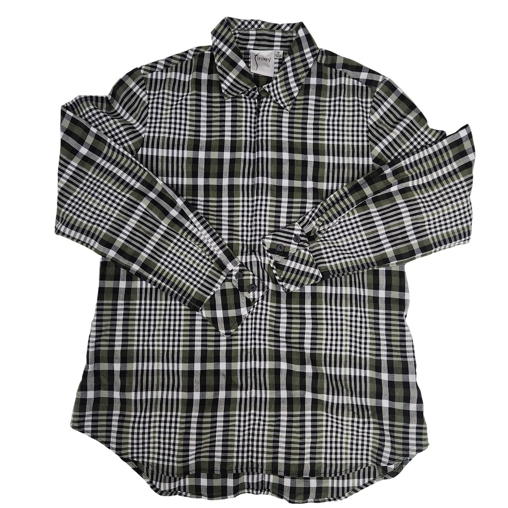 Finley Womens Evergreen Plaid Button‎ Up Shirt Long Sleeve Green Black White M